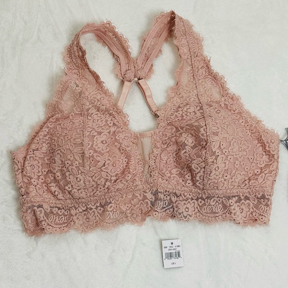Aerie Show Off Eyelash Lace Padded Plunge Bralette, Pink Size L